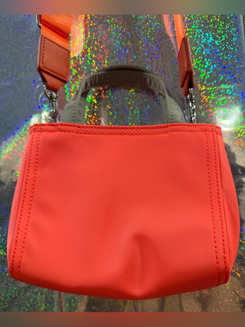 Edie Parker Neon Coral Mini Tote Crossbody Bag Orange Blue Nylon